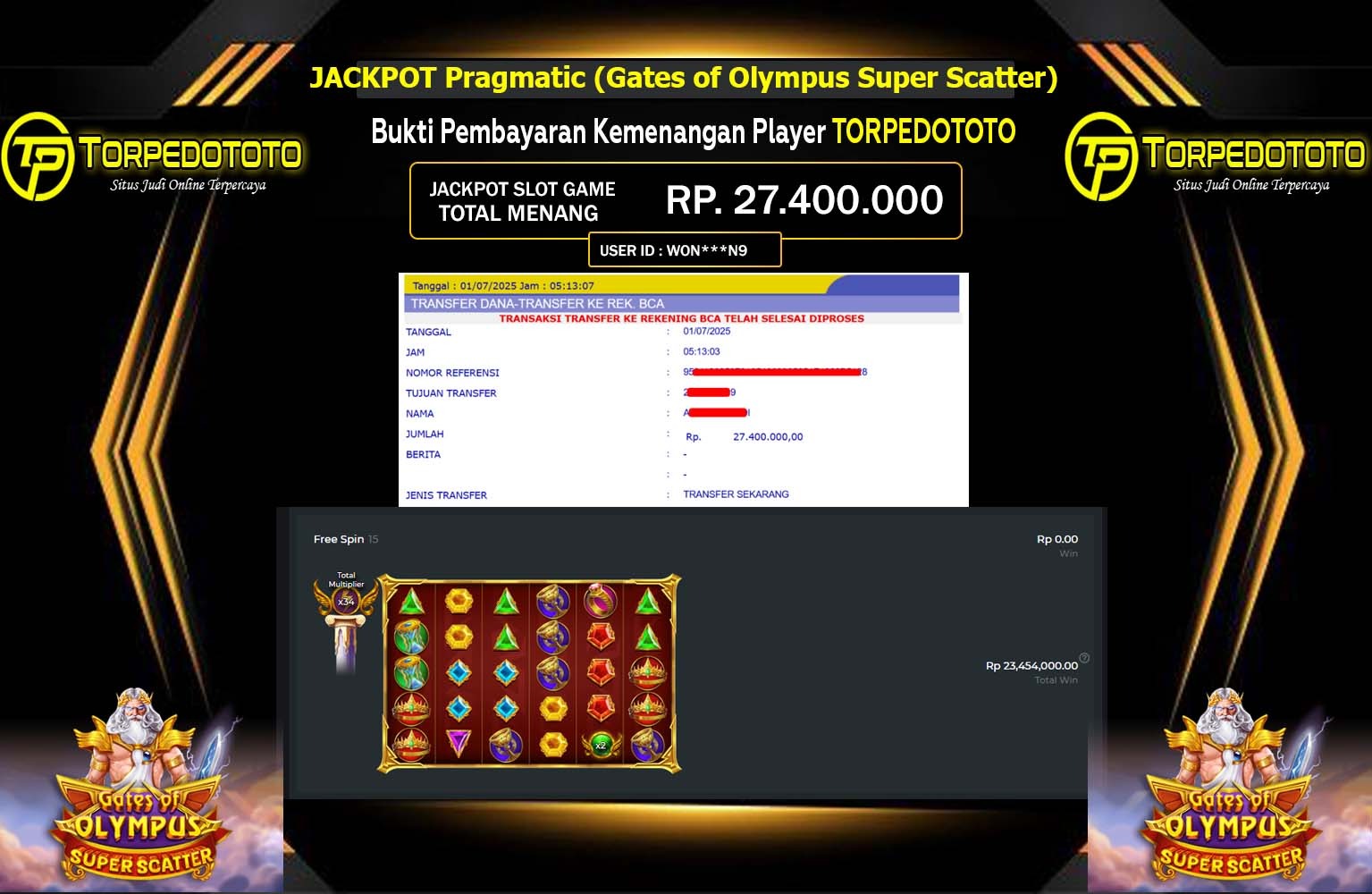 TORPEDOTOTO JACKPOT Pragmatic (Gates of Olympus Super Scatter) Rp.27.400.000,- LUNAS