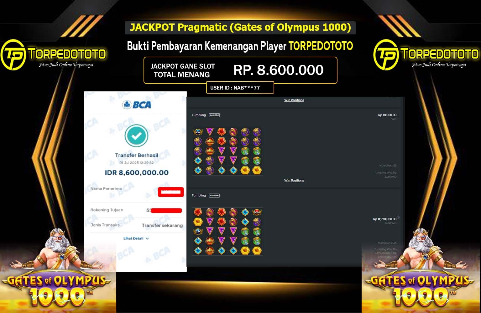 TORPEDOTOTO JACKPOT Pragmatic (Gates of Olympus 1000) Rp.8.600.000,- LUNAS