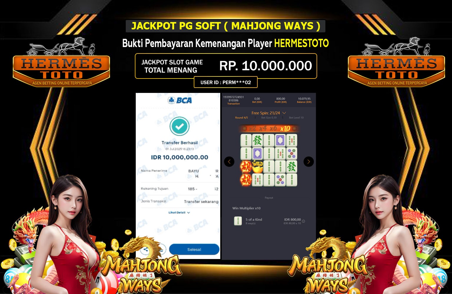 HERMESTOTO JACKPOT SLOT PG SOFT MAHJONG WAYS Rp.10.000.000,- LUNAS