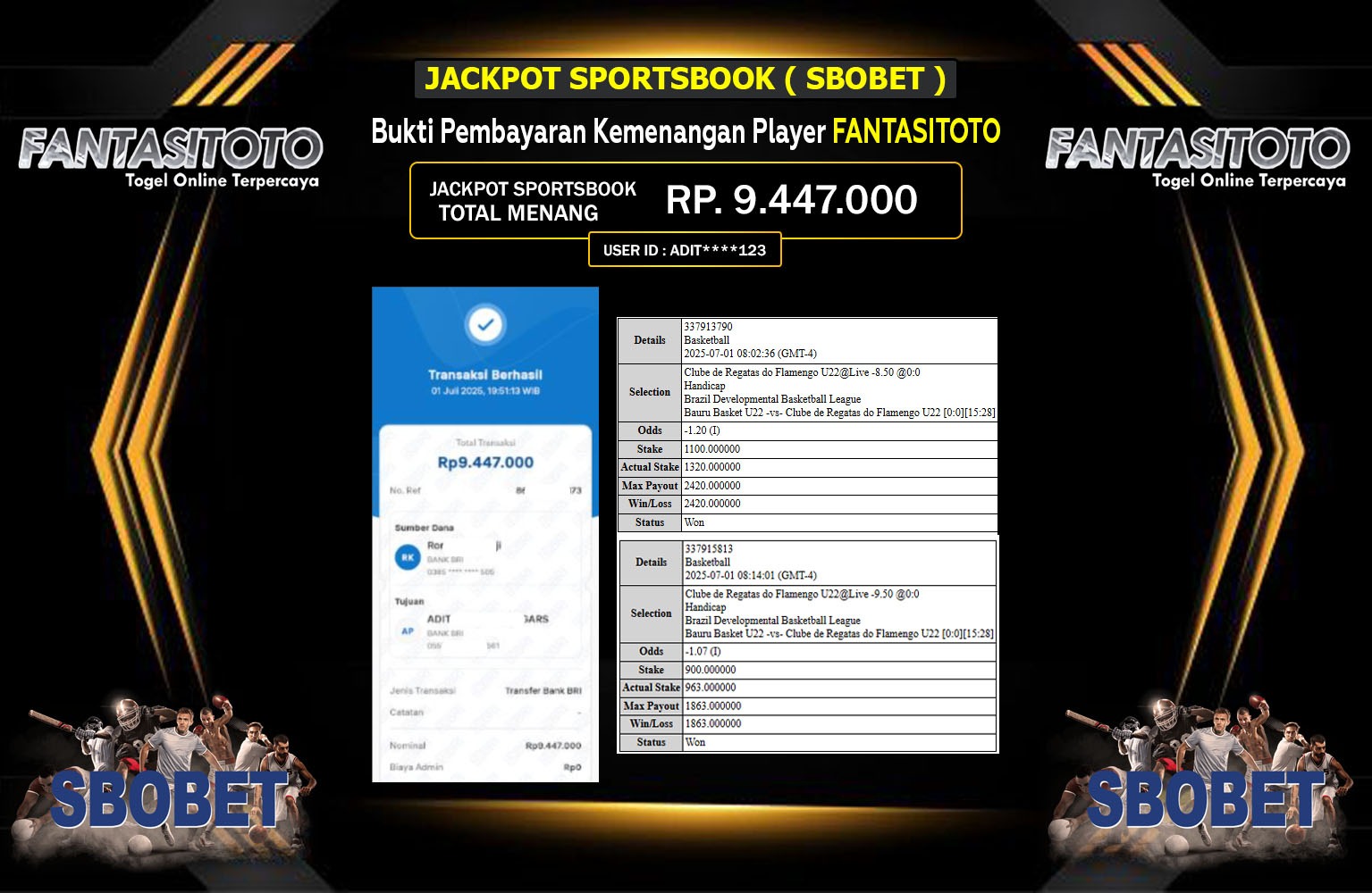 FANTASITOTO JACKPOT SPORTSBOOK SBOBET Rp.9.447.000,- LUNAS