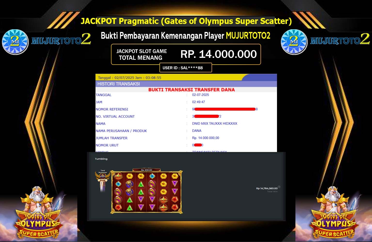 MUJURTOTO2 JACKPOT Pragmatic (Gates of Olympus Super Scatter) Rp.14.000.000,- LUNAS