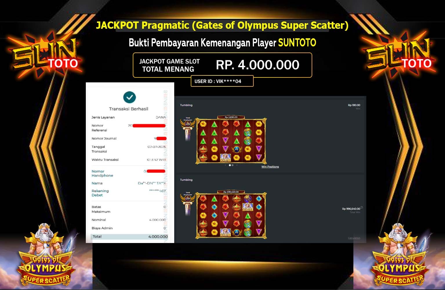 SUNTOTO JACKPOT Pragmatic (Gates of Olympus Super Scatter) Rp.4.000.000,- LUNAS
