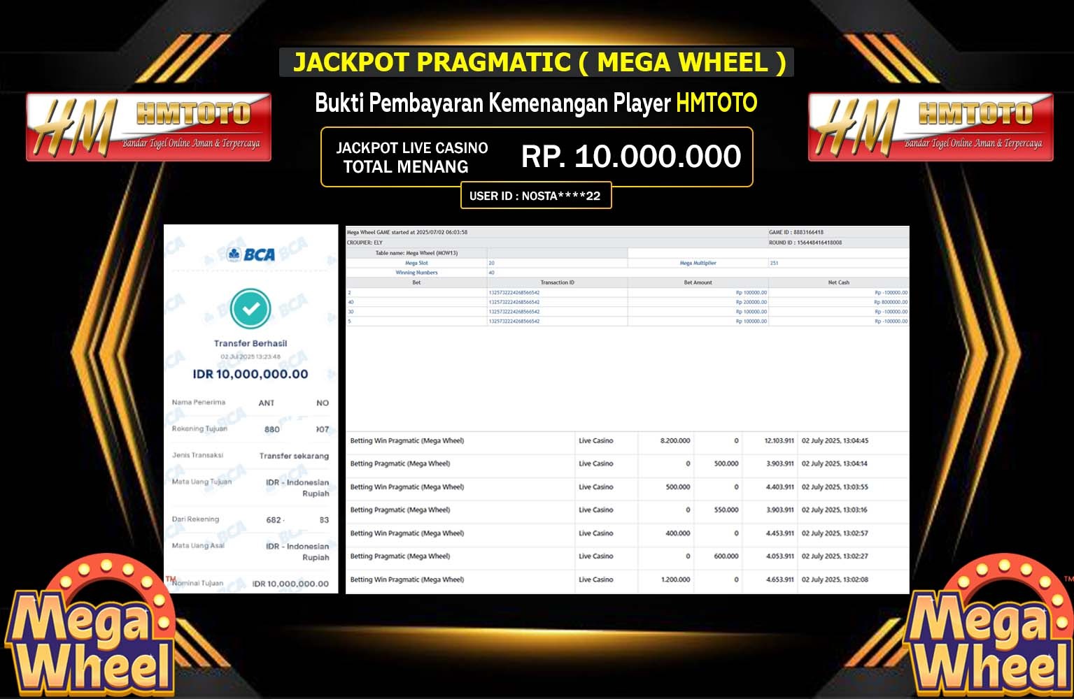 HMTOTO JACKPOT LIVE CASINO MEGA WHEEL Rp.10.000.000,- LUNAS