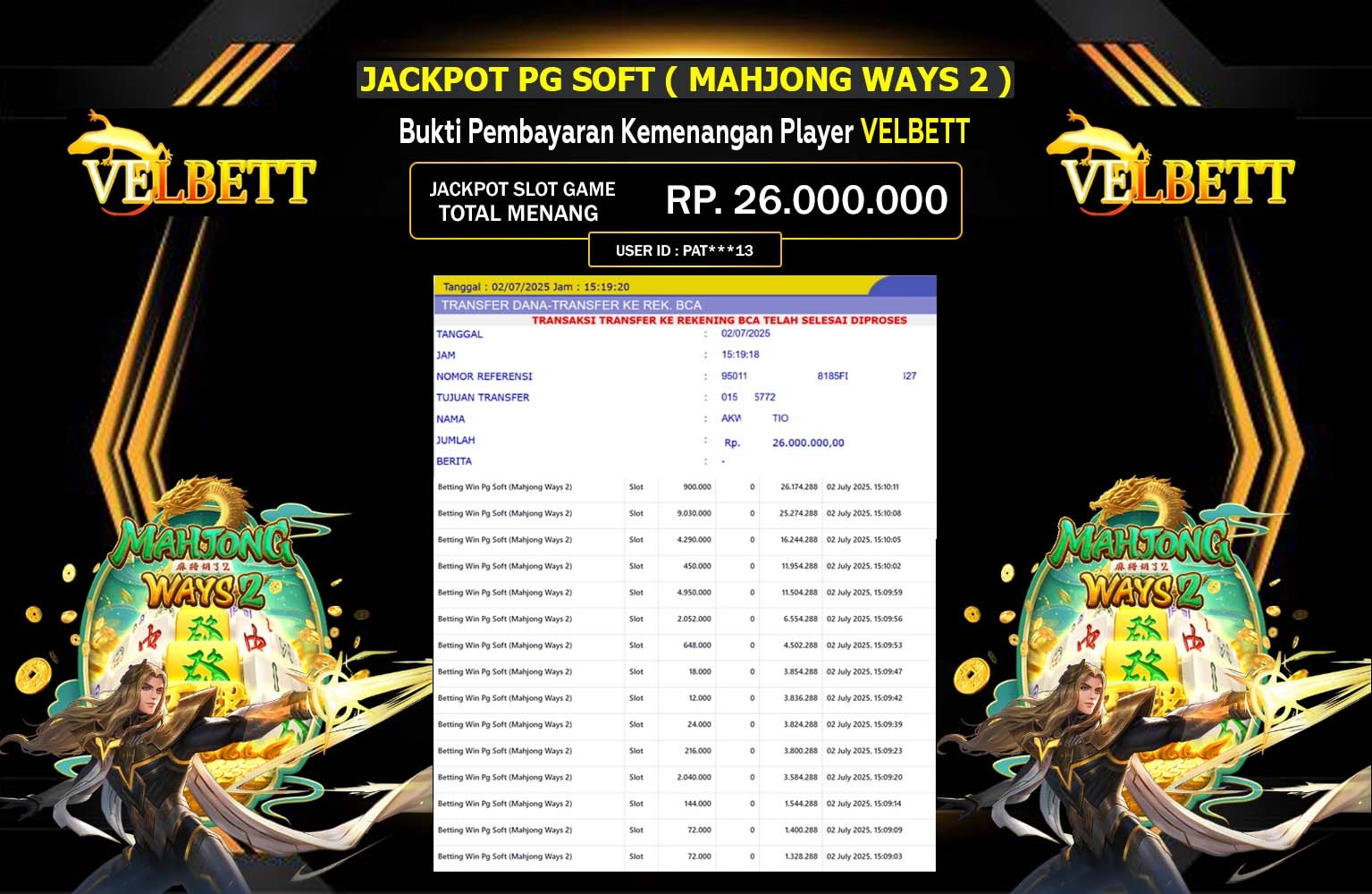 VELBETT JACKPOT SLOT MAHJONG WAYS 2 Rp.26.000.000,- LUNAS