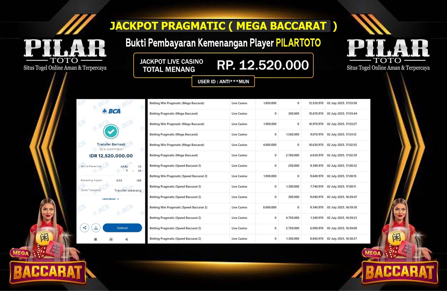 PILARTOTO JACKPOT LIVE CASINO MEGA BACCARAT Rp.12.520.000,- LUNAS