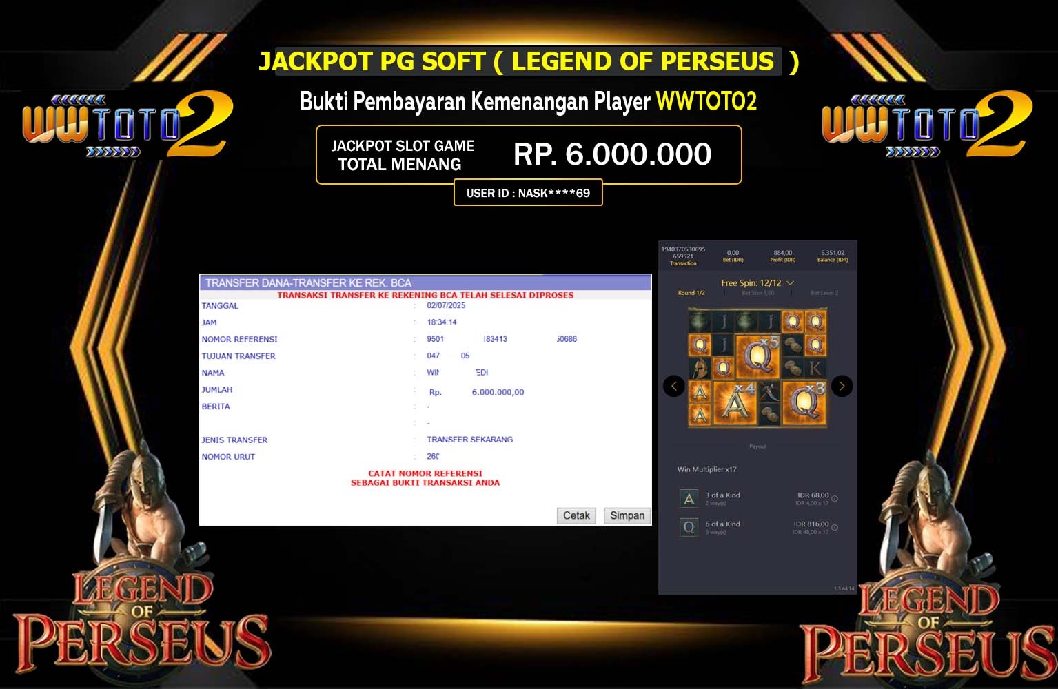 WWTOTO2 JACKPOT SLOT LEGEND OF PERSEUS Rp.6.000.000,- LUNAS