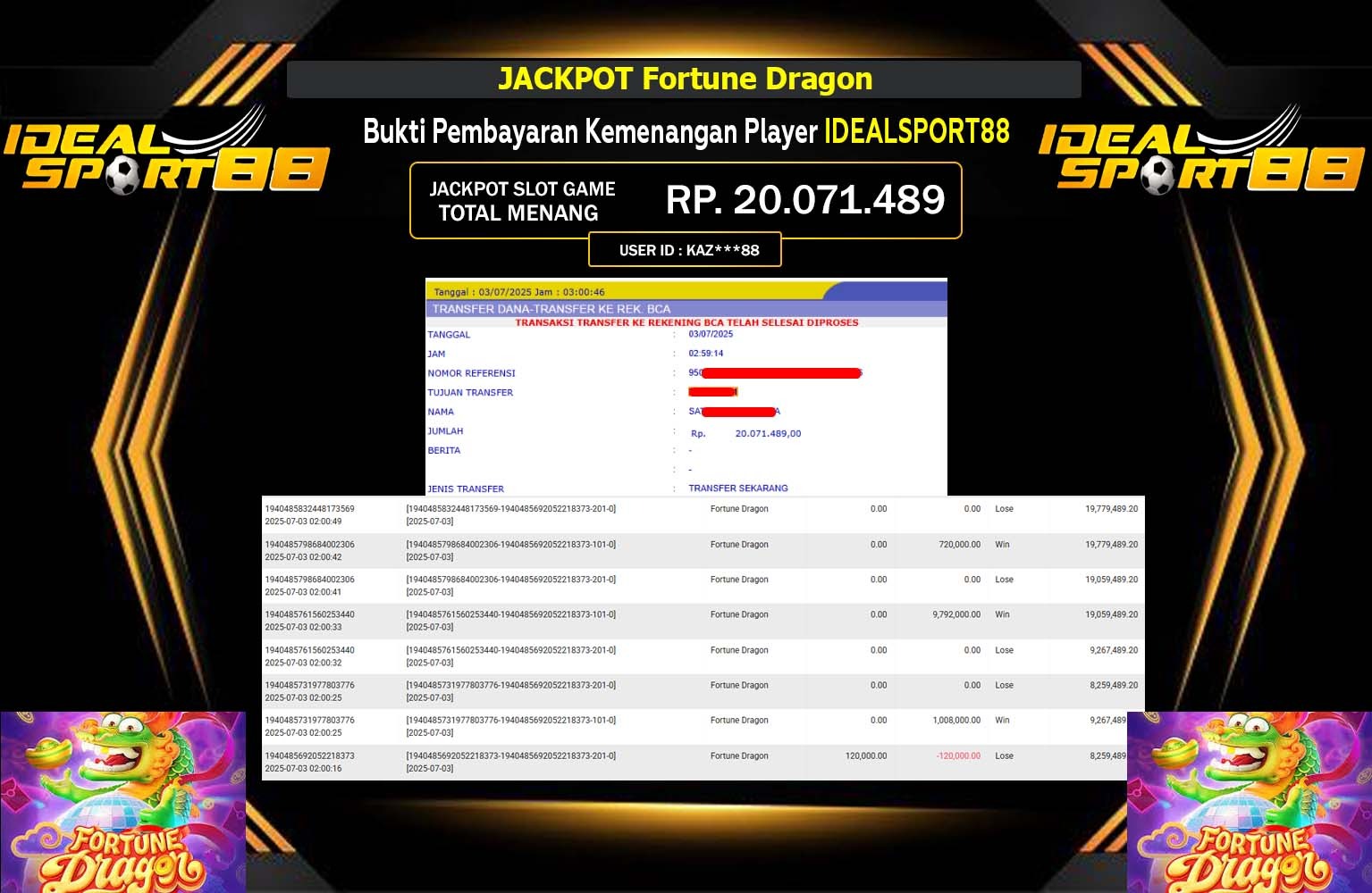IDEALSPORT88 JACKPOT Fortune Dragon Rp.20.071.489,- LUNAS