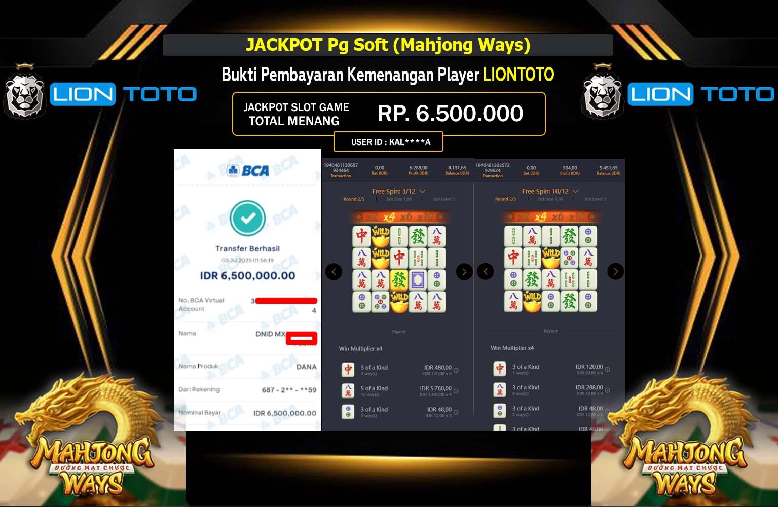 LIONTOTO JACKPOT  Soft (Mahjong Ways)  Rp.6.500.000,- LUNAS