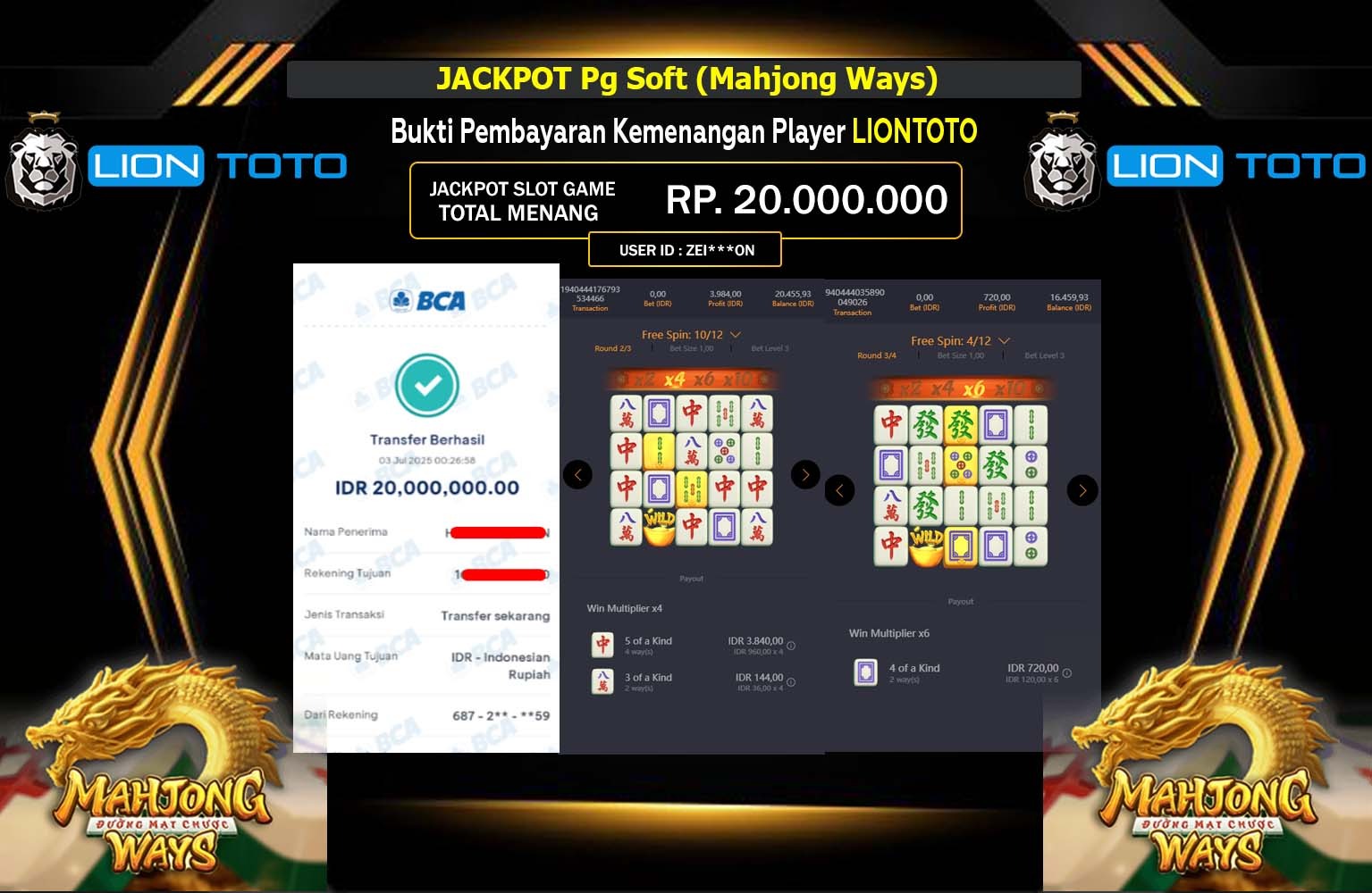 LIONTOTO JACKPOT  Soft (Mahjong Ways)   Rp.20.000.000,- LUNAS