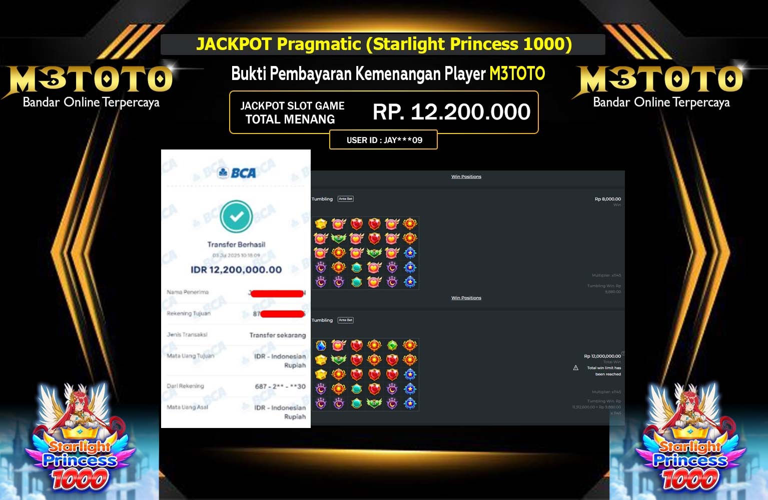 M3TOTO JACKPOT Pragmatic (Starlight Princess 1000) Rp.12.200.000,- LUNAS