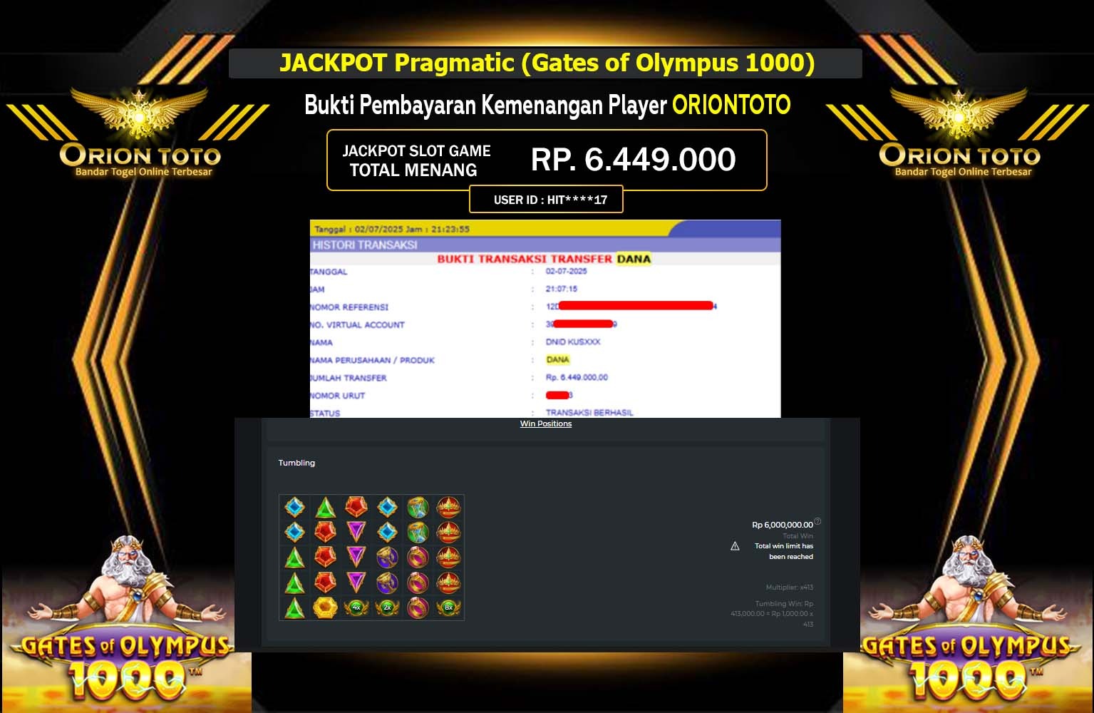 ORIONTOTO JACKPOT Pragmatic (Gates of Olympus 1000 ) Rp.6.449.000,- LUNAS