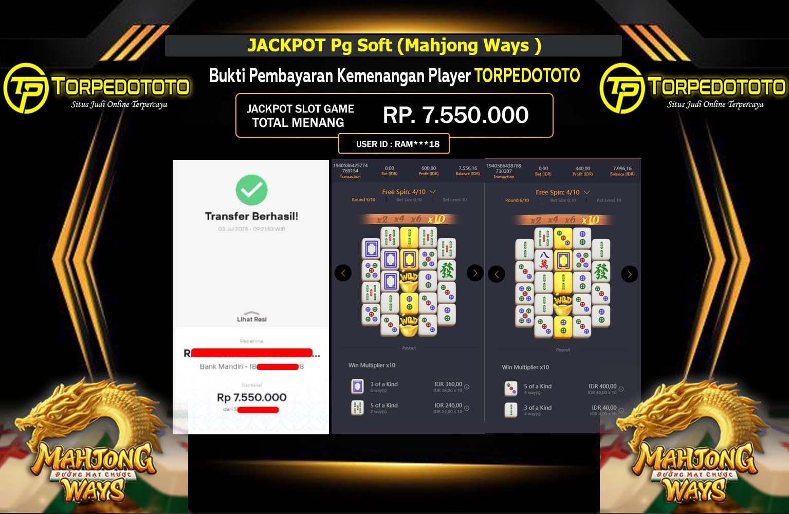 TORPEDOTOTO JACKPOT Pg Soft (Mahjong Ways ) Rp.7.550.000,- LUNAS