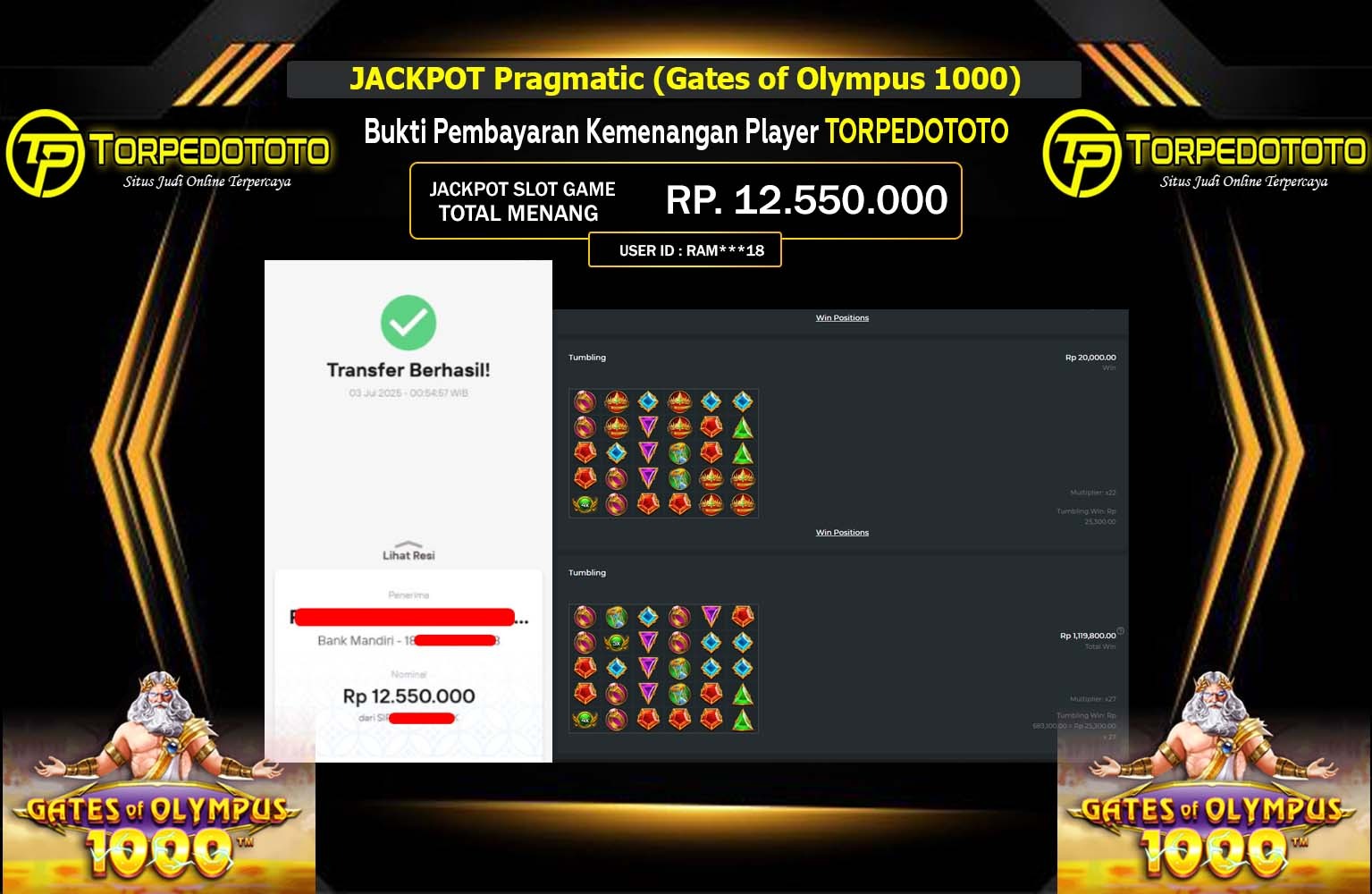TORPEDOTOTO JACKPOT Pragmatic (Gates of Olympus 1000) Rp.12.550.000,- LUNAS