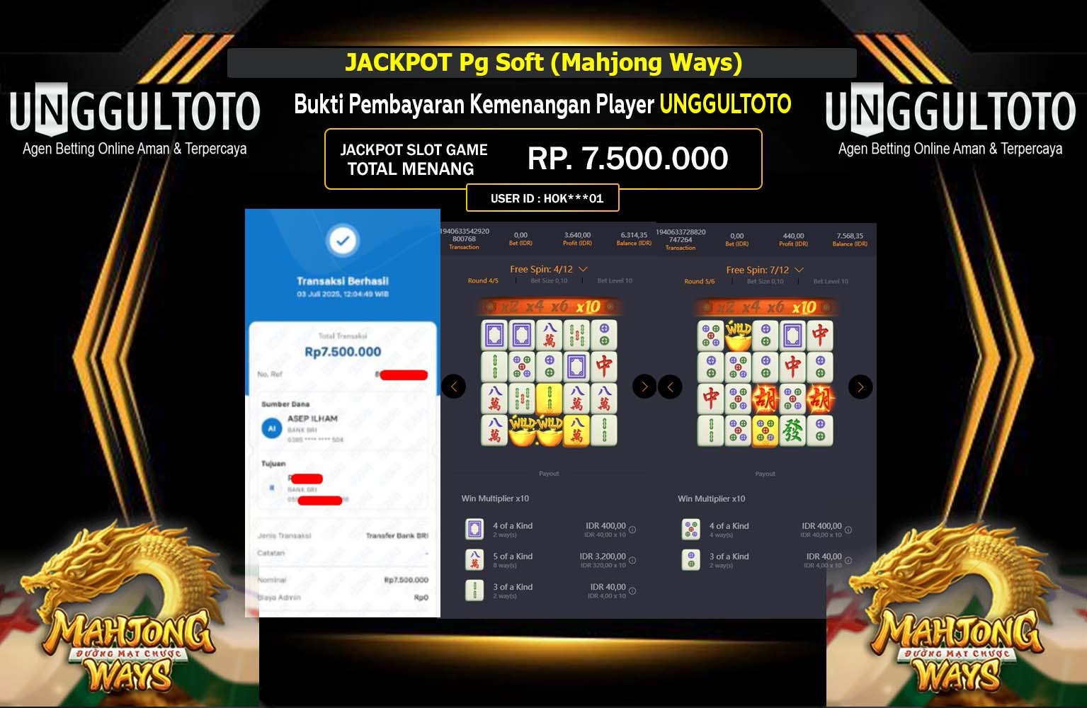 UNGGULTOTO JACKPOT PG SOFT MAHJONG WAYS Rp.7.500.000,- LUNAS