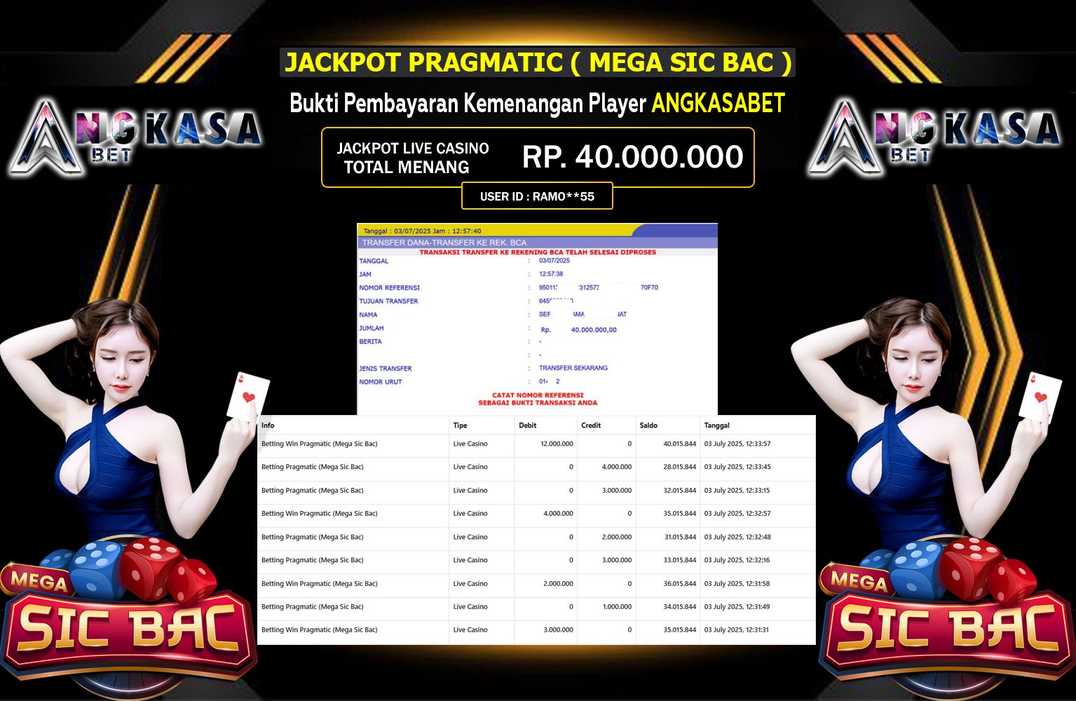 ANGKASABET JACKPOT LIVE CASINO MEGA SIC BAC Rp.40.000.000,- LUNAS