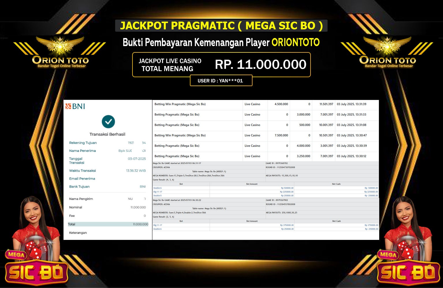 ORIONTOTO JACKPOT LIVE CASINO MEGA SIC BO Rp.11.000.000,- LUNAS
