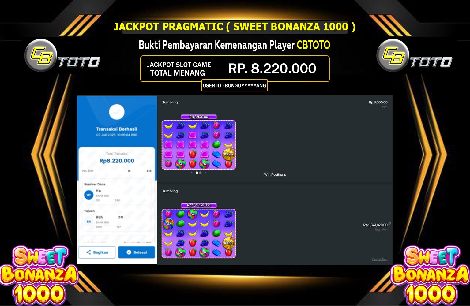 CBTOTO JACKPOT SLOT SWEET BONANZA 1000 Rp.8.220.000,- LUNAS