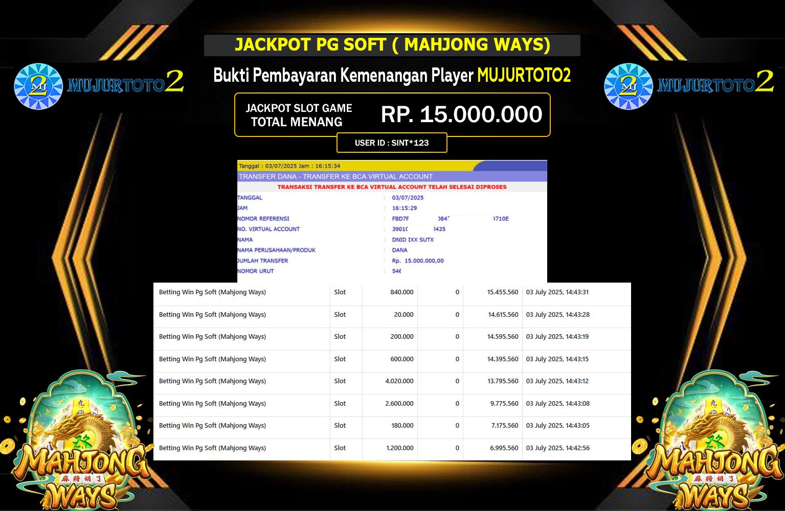 MUJURTOTO2 JACKPOT SLOT MAHJONG WAYS Rp.15.000.000,- LUNAS