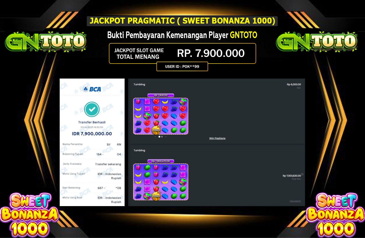 GNTOTO JACKPOT SLOT SWEET BONANZA 1000 Rp.7.900.000,- LUNAS
