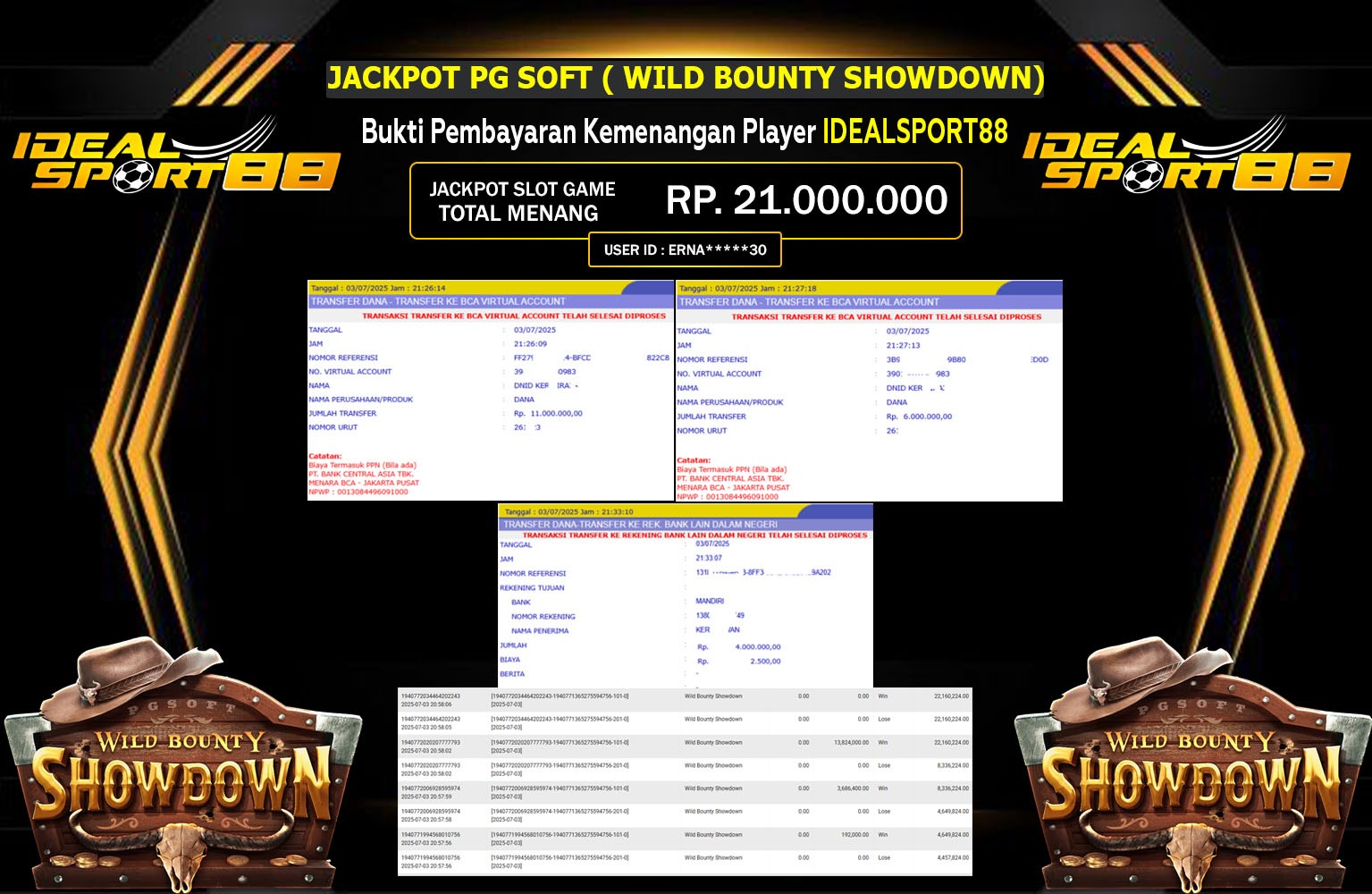 IDEALSPORT88 JACKPOT SLOT WILD BOUNTY SHOWDOWN Rp.21.000.000,- LUNAS