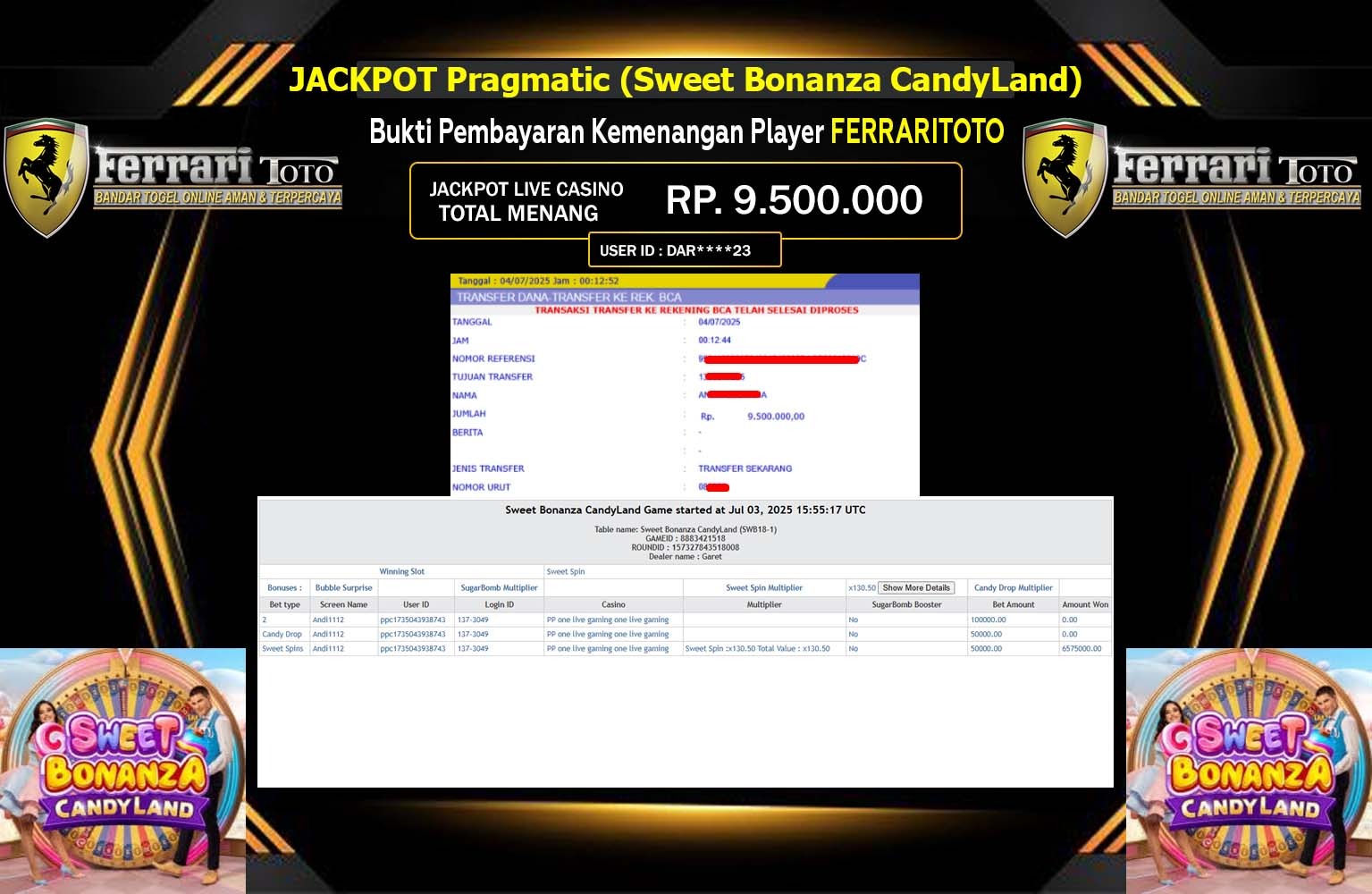 FERRARITOTO JACKPOT Pragmatic (Sweet Bonanza CandyLand) Rp.9.500.000,- LUNAS