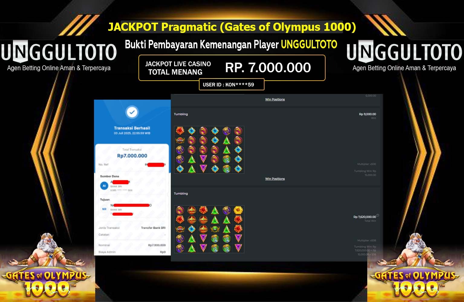 UNGGULTOTO JACKPOT Pragmatic (Gates of Olympus 1000) Rp.7.000.000,- LUNAS