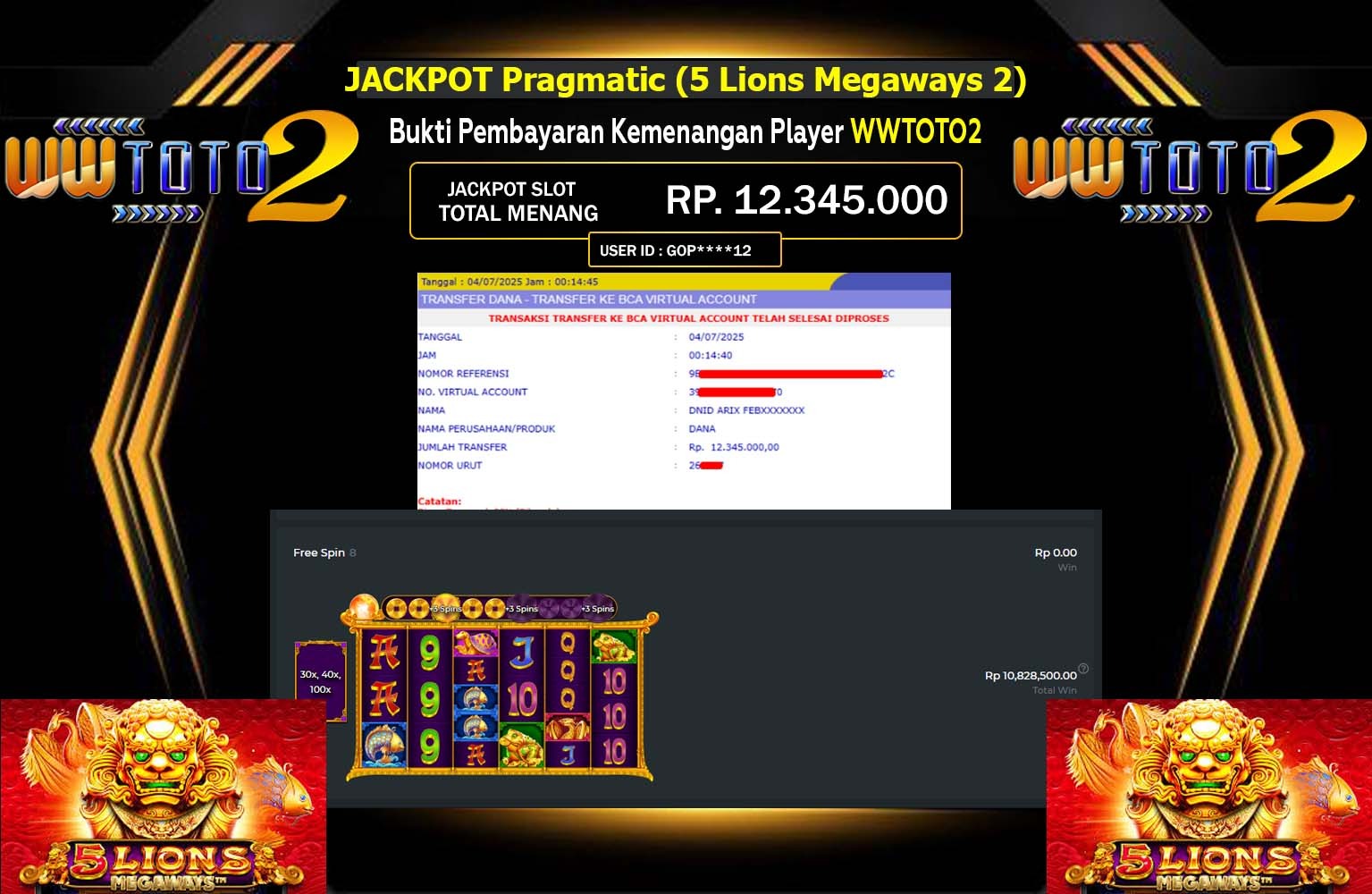 WWTOTO2 JACKPOT Pragmatic (5 Lions Megaways 2) Rp.12.345.000,- LUNAS