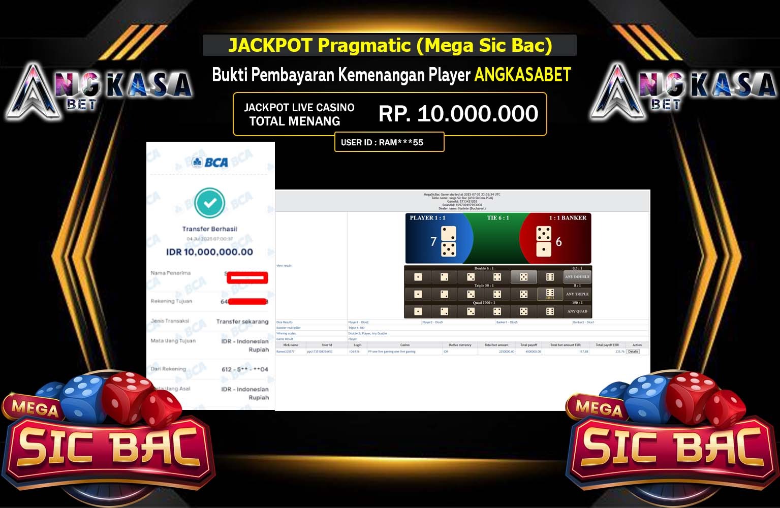 ANGKASABET JACKPOT LIVE CASINO MEGA SIC BAC Rp.10.000.000,- LUNAS