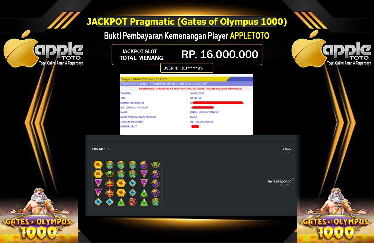 APPLETOTO JACKPOT Pragmatic (Gates of Olympus 1000) Rp.16.000.000,- LUNAS