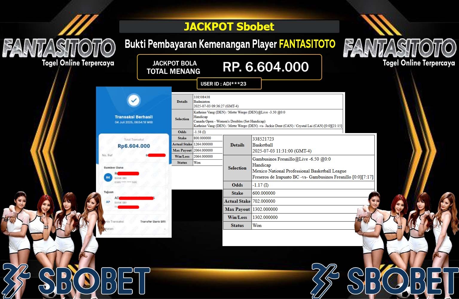 FANTASITOTO JACKPOT SPORTSBOOK SBOBET Rp.6.604.000,- LUNAS
