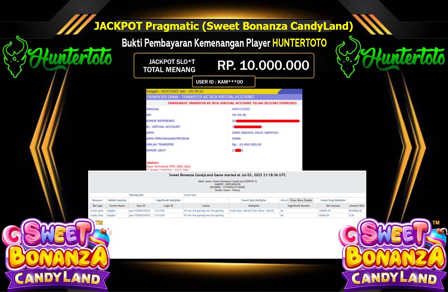 HUNTERTOTO JACKPOT Pragmatic (Sweet Bonanza CandyLand) Rp.10.000.000,- LUNAS