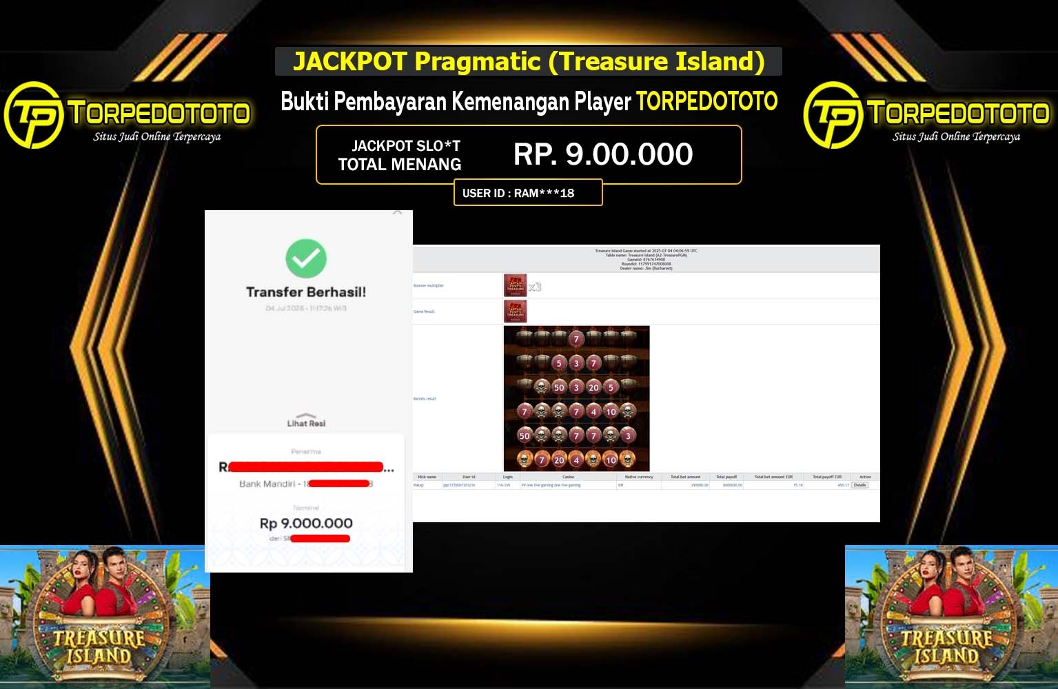 TORPEDOTOTO JACKPOT Pragmatic (Treasure Island) Rp.9.000.000,- LUNAS