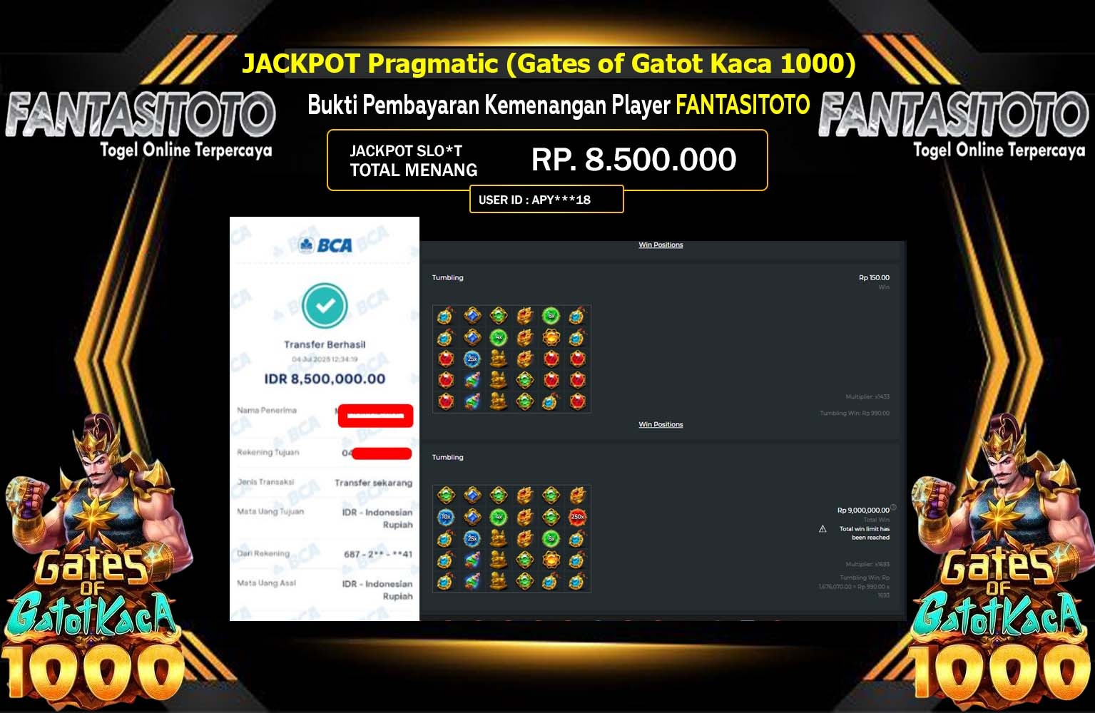FANTASITOTO JACKPOT Pragmatic (Gates of Gatot Kaca 1000) Rp.8.500.000,- LUNAS