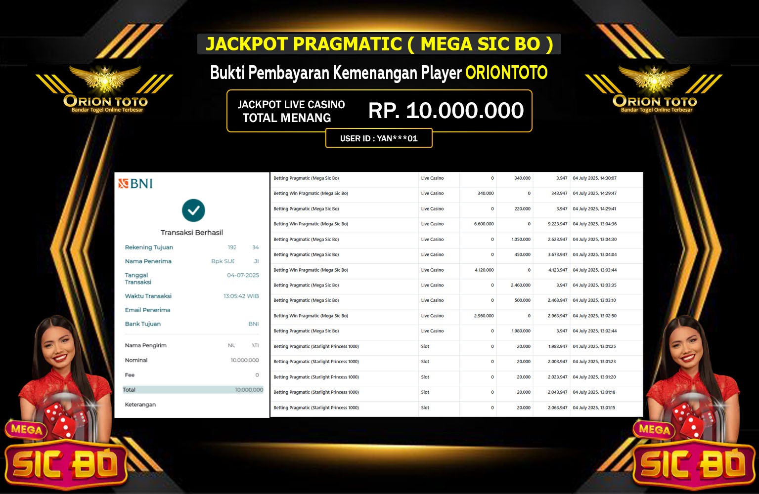 ORIONTOTO JACKPOT LIVE CASINO MEGA SIC BO Rp.10.000.000,- LUNAS