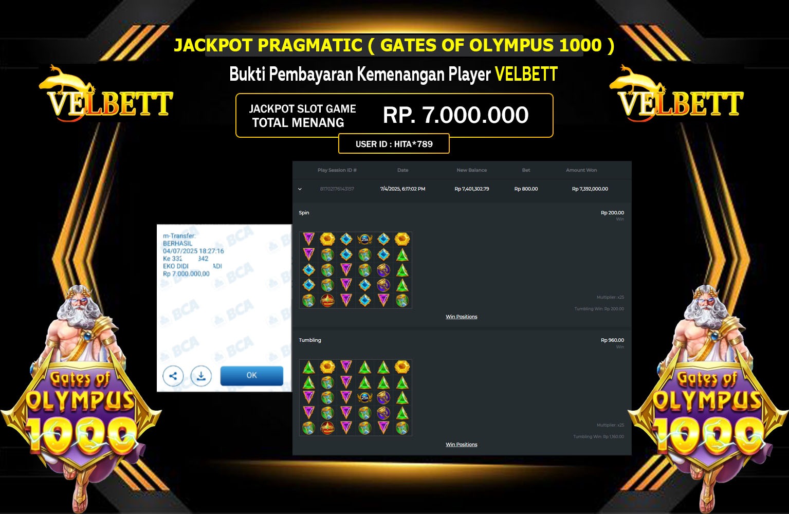 VELBETT JACKPOT SLOT GATES OF OLYMPUS 1000 Rp.7.000.000,- LUNAS