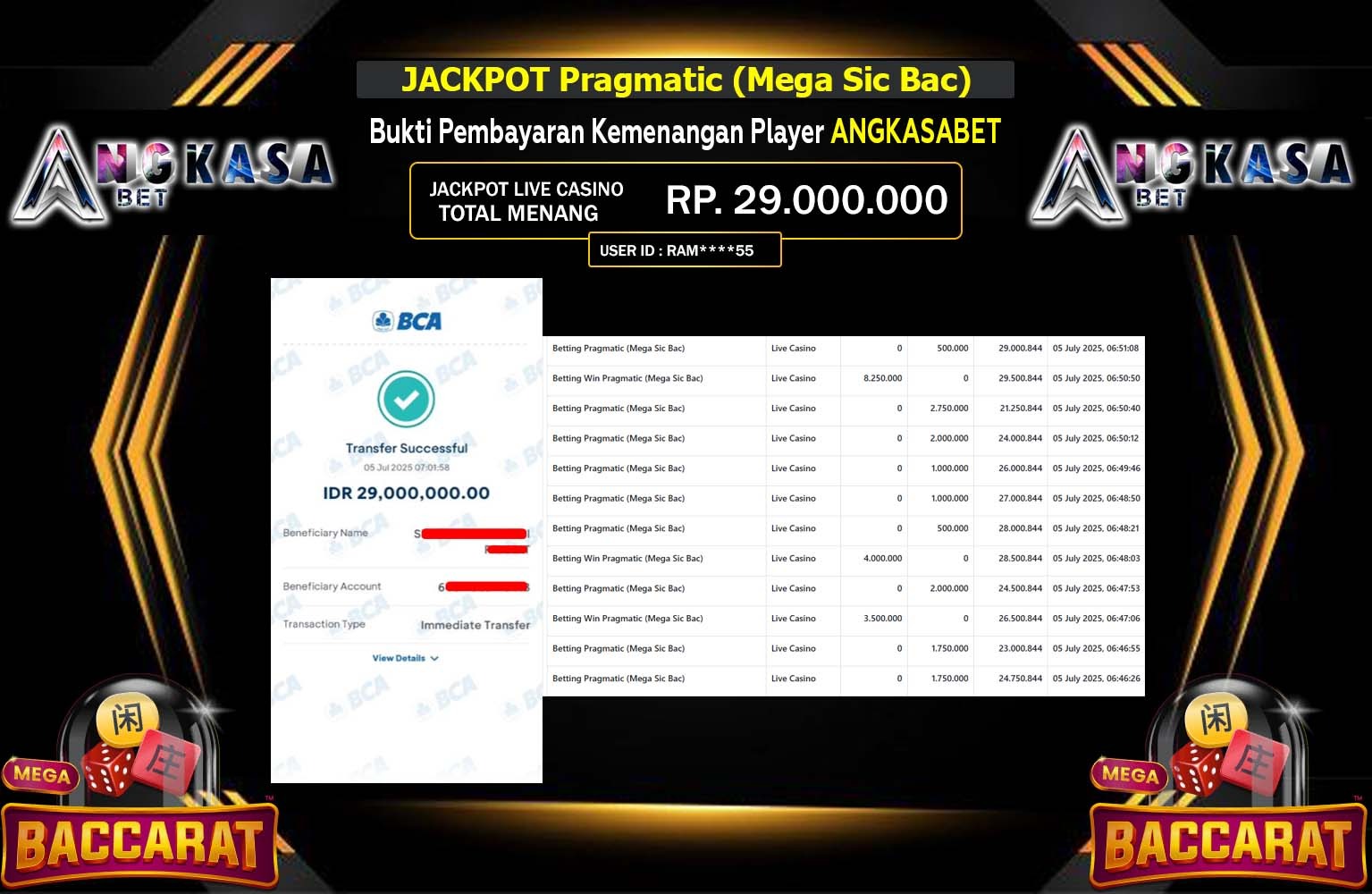 ANGKASABET JACKPOT LIVE CASINO MEGA SIC BAC Rp.29.000.000,- LUNAS