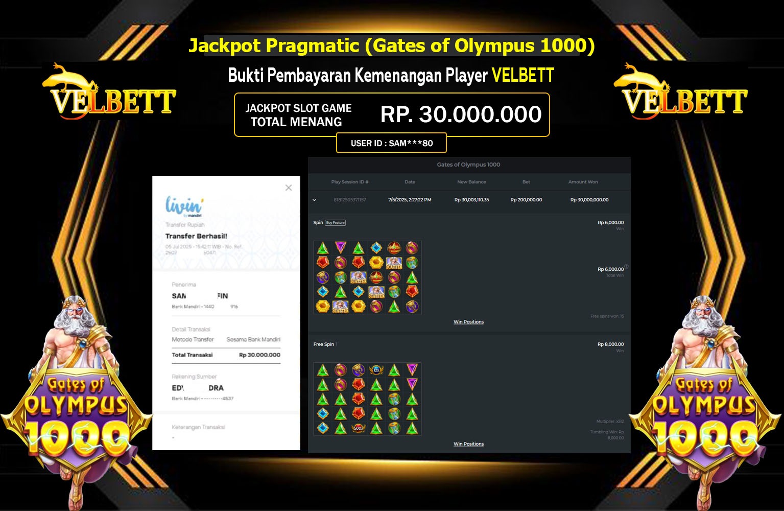 VELBETT JACKPOT SLOT GATES OF OLYMPUS 1000 Rp.30.000.000,- LUNAS