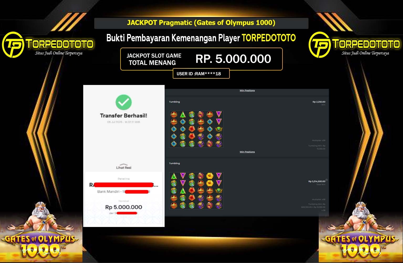 TORPEDOTOTO JACKPOT Pragmatic (Gates of Olympus 1000) Rp.5.000.000,- LUNAS