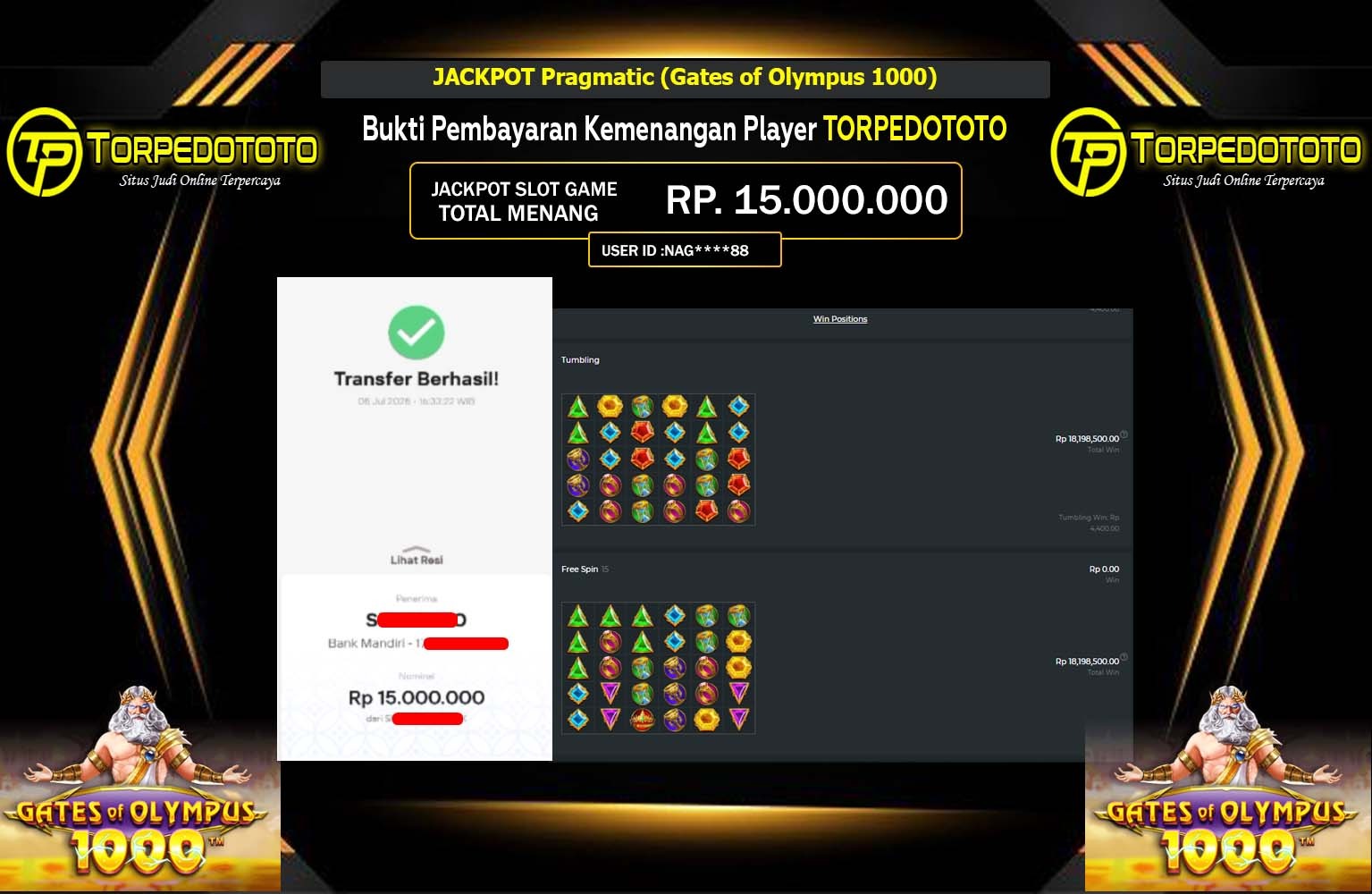 TORPEDOTOTO JACKPOT Pragmatic (Gates of Olympus 1000) Rp.15.000.000,- LUNAS