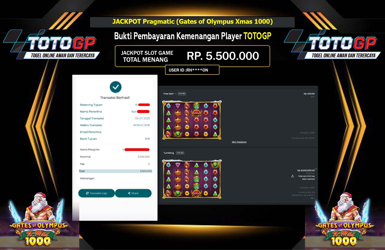 TOTOGP JACKPOT PRAGMATIC GATES OF OLYMPUS XMAS 1000 Rp.5.500.000,- LUNAS