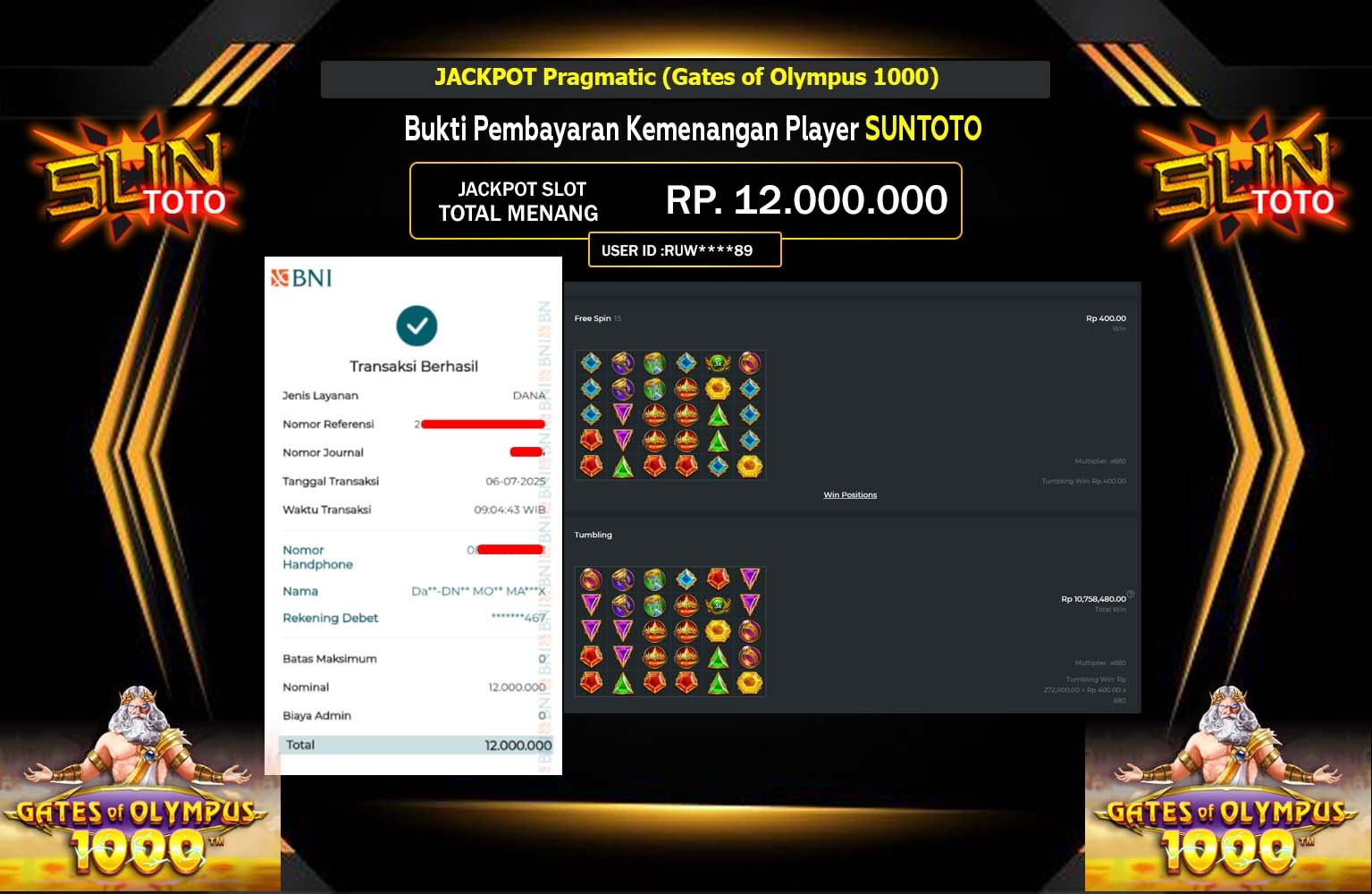 SUNTOTO JACKPOT Pragmatic (Gates of Olympus 1000)  Rp.12.000.000,- LUNAS