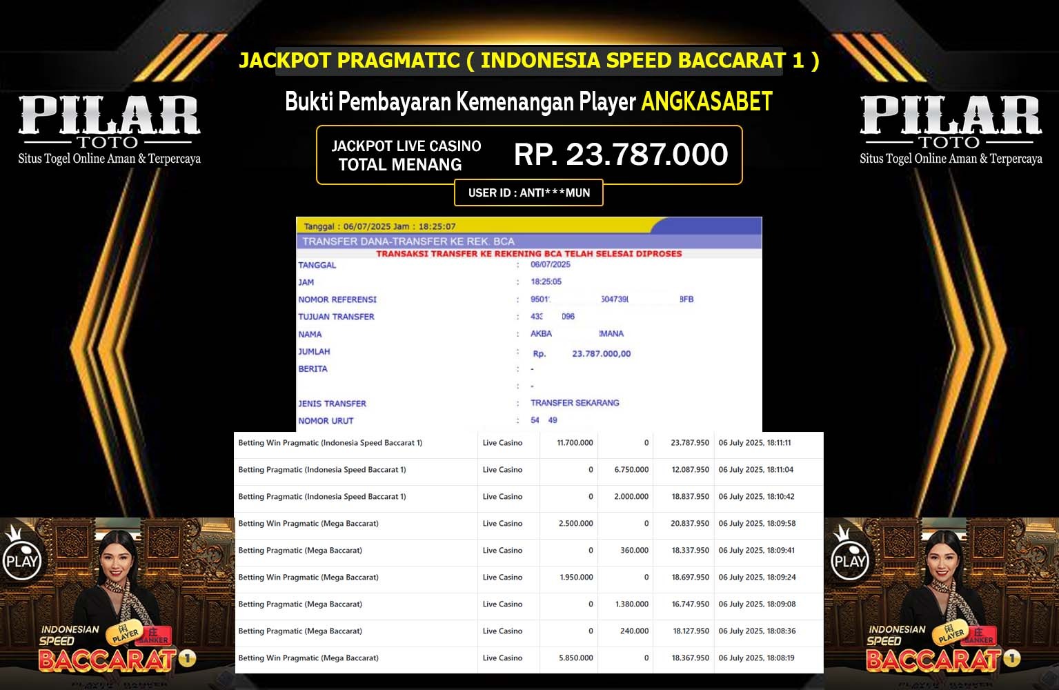 PILARTOTO JACKPOT LIVE CASINO INDONESIA SPEED BACCARAT 1 Rp.23.787.000,- LUNAS
