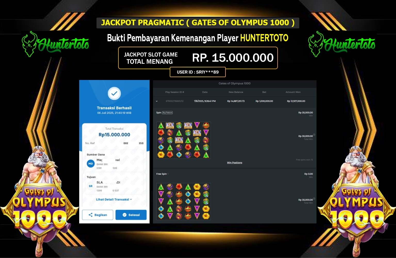 HUNTERTOTO JACKPOT SLOT GATES OF OLYMPUS 1000 Rp.15.000.000,- LUNAS