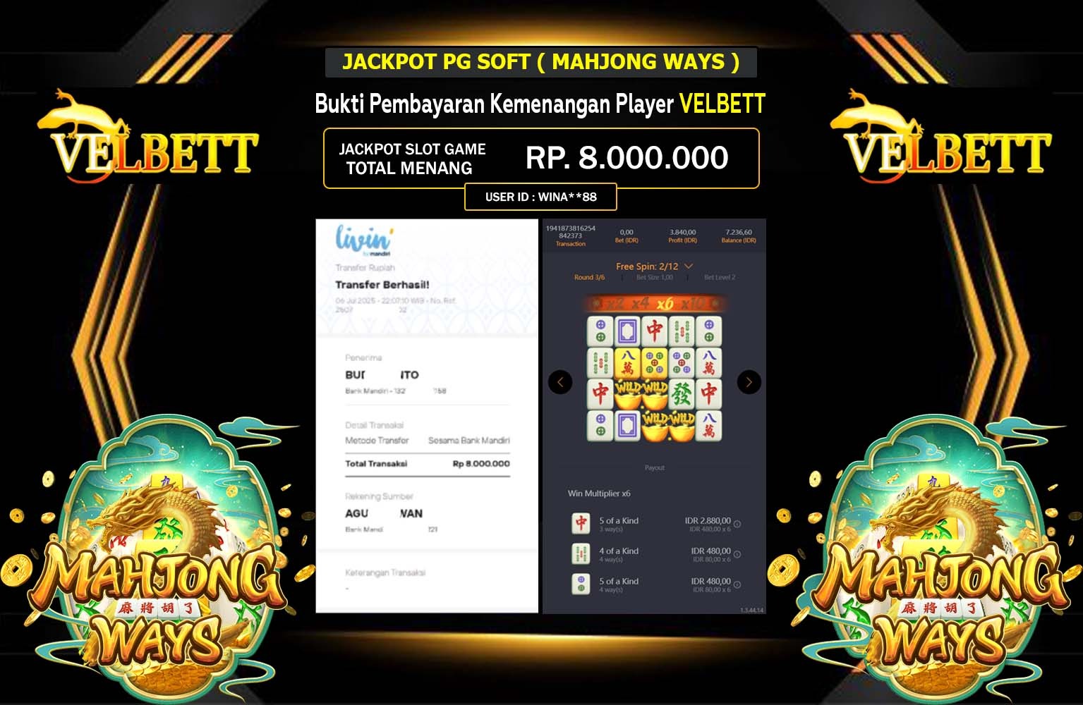 VELBETT JACKPOT SLOT MAHJONG WAYS Rp.8.000.000,- LUNAS
