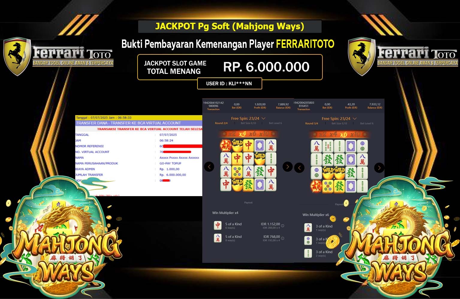 FERRARITOTO JACKPOT PG SOFT ( MAHJONG WAYS ) Rp.6.000.000,- LUNAS
