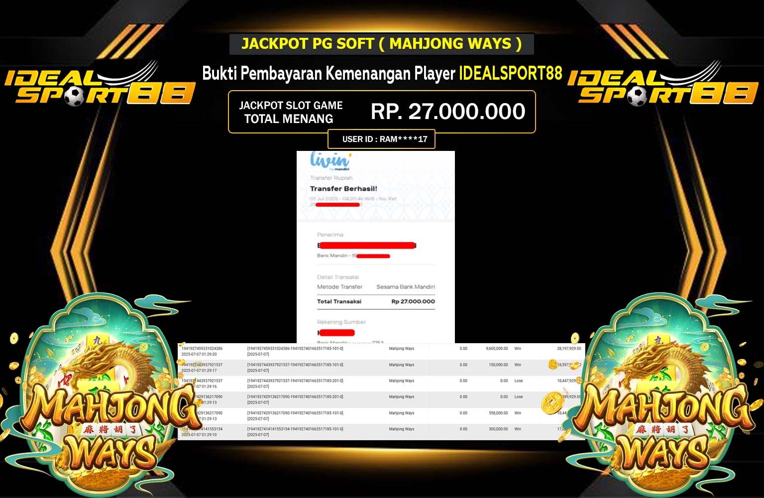 IDEALSPORT88 JACKPOT SLOT MAHJONG WAYS Rp.27.000.000,- LUNAS