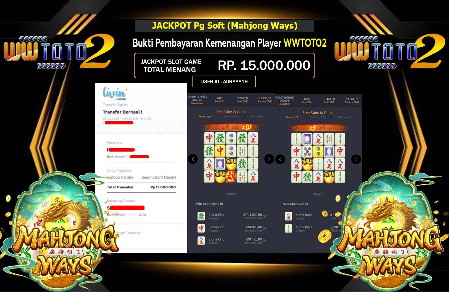WWTOTO2 JACKPOT PG SOFT MAHJONG WAYS  Rp.15.000.000,- LUNAS