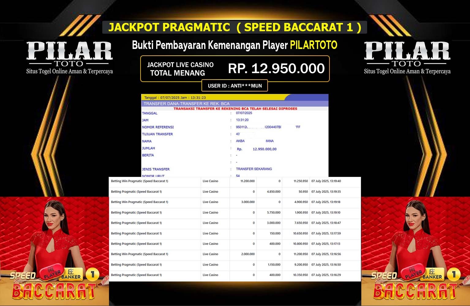PILARTOTO JACKPOT LIVE CASINO SPEED BACCARAT 1 Rp.12.950.000,- LUNAS