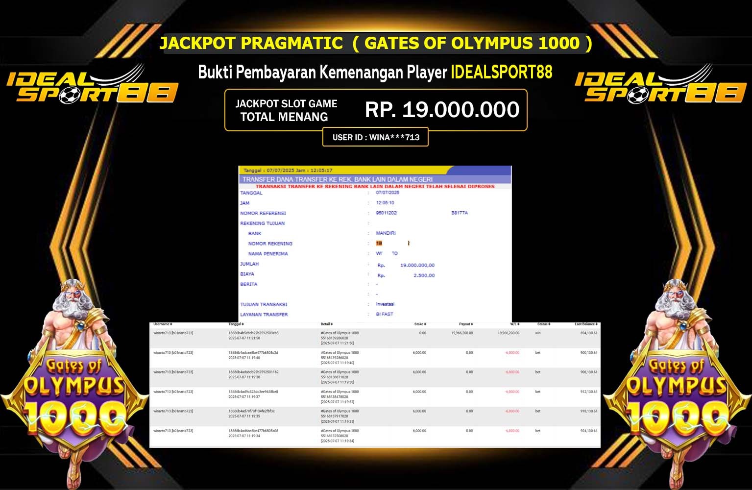 IDEALSPORT88 JACKPOT SLOT GATES OF OLYMPUS 1000 Rp.19.000.000,- LUNAS