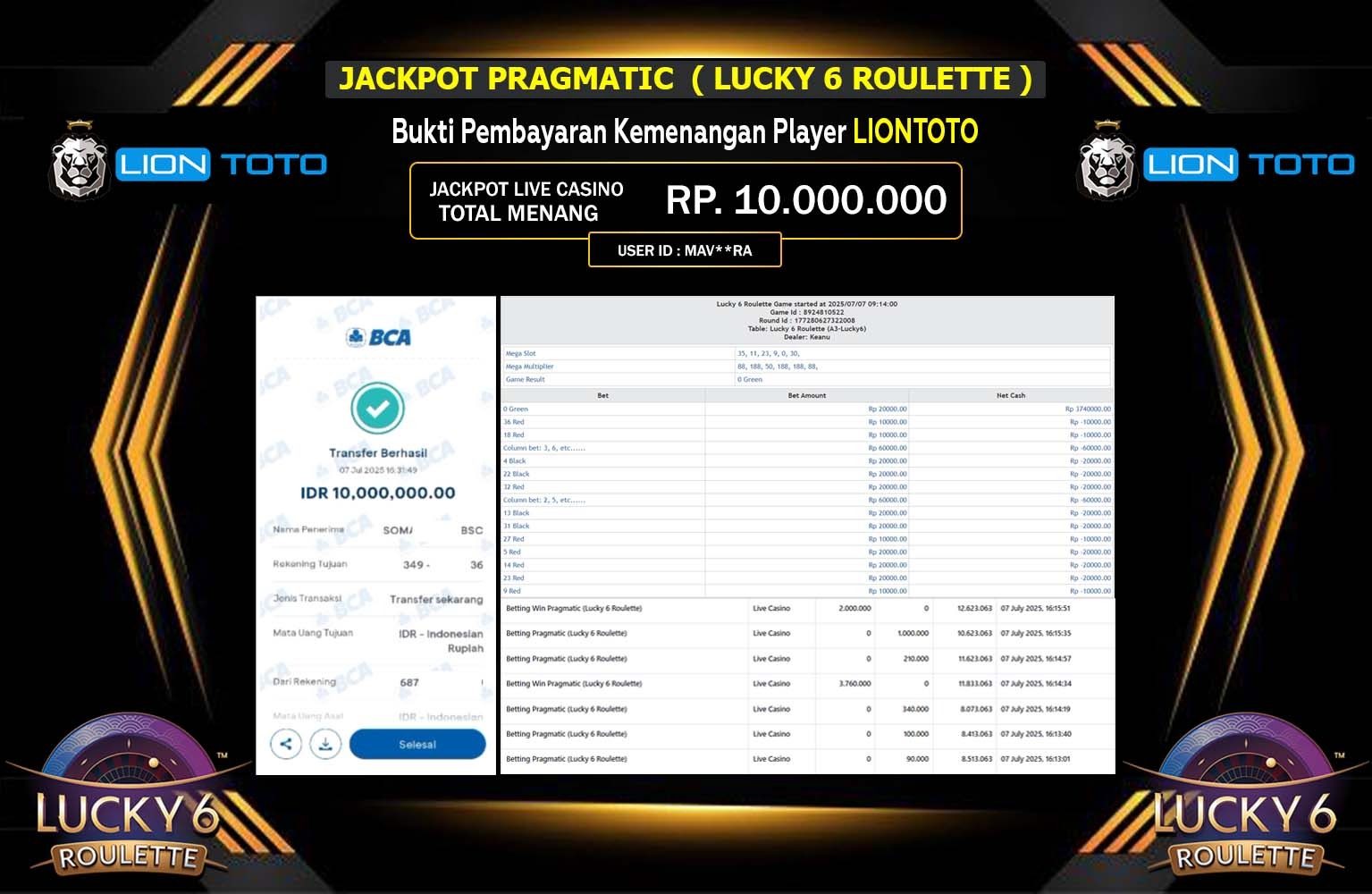 LIONTOTO JACKPOT LIVE CASINO LUCKY 6 ROULETTE Rp.10.000.000,- LUNAS